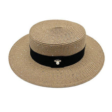 将图片加载到图库查看器，Ladies Sun Boater Classic Flat Hats Straw Hat Wide Brim Boater Hat Summer Straw Hat Beautiful Accessories For Women Retro Female Flat Cap Foldable Packable Beach Hat for Summer 55-58cm
