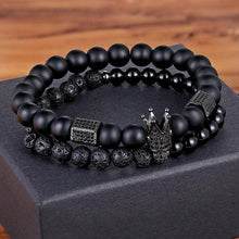 Load image into Gallery viewer, Lava Stone Combination Cubic Zircon Beads Bracelet Natural Red Tiger Eye Black Matte Onyx Stone Crown King Beads Bracelet For Men Women Fashion Charm Zircon Head Elastic Adjustable Bracelet Set Luxury Design
