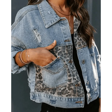 Load image into Gallery viewer, Lavish Style Winter Long-sleeved Jacket Denim Trendy Leopard Print Stitching Lapel Short Jacket For Women And Girls
