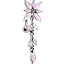 Load image into Gallery viewer, White Faux Opal Frosted Flower Trail Top Mount Dangle Belly Ring
