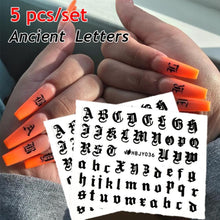 将图片加载到图库查看器，Letter 3D Decals Nail Art Stickers English Old Font Black Number Tattoo Nails Design Water Sliders Manicure Decoration 3D Nail Supplies Holographic Old English Character Nail Self-Adhesive Sticker English Font Design Manicure Decorations Accessories
