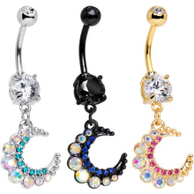 Load image into Gallery viewer, Gem Encrusted Crescent Moon Dangle Belly Ring Set of 3
