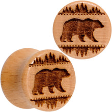 Load image into Gallery viewer, Organic Beechwood Holiday Bear in the Woods Saddle Plug Set Sizes 8mm to 20mm
