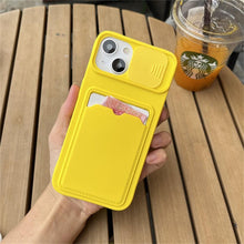 将图片加载到图库查看器，Lightweight Slide Camera Protection Card Holder Wallet Phone Case For iPhone 13 14 Pro Max 12 11 Soft Silicone Cover Soft Skin Silicone Cover Yellow Card Holder Sliding Camera Protection Cover For iPhone
