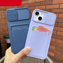 将图片加载到图库查看器，Lightweight Slide Camera Protection Card Holder Wallet Phone Case For iPhone 13 14 Pro Max 12 11 Soft Silicone Cover Soft Skin Silicone Cover Yellow Card Holder Sliding Camera Protection Cover For iPhone
