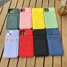 将图片加载到图库查看器，Lightweight Slide Camera Protection Card Holder Wallet Phone Case For iPhone 13 14 Pro Max 12 11 Soft Silicone Cover Soft Skin Silicone Cover Yellow Card Holder Sliding Camera Protection Cover For iPhone
