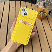 将图片加载到图库查看器，Lightweight Slide Camera Protection Card Holder Wallet Phone Case For iPhone 13 14 Pro Max 12 11 Soft Silicone Cover Soft Skin Silicone Cover Yellow Card Holder Sliding Camera Protection Cover For iPhone

