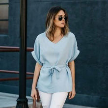 Load image into Gallery viewer, Linen-Blend Loose-Cut Casual Short Sleeve Top with Belt
