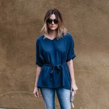 Load image into Gallery viewer, Linen-Blend Loose-Cut Casual Short Sleeve Top with Belt
