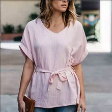 Load image into Gallery viewer, Linen-Blend Loose-Cut Casual Short Sleeve Top with Belt
