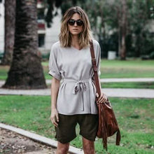 Load image into Gallery viewer, Linen-Blend Loose-Cut Casual Short Sleeve Top with Belt
