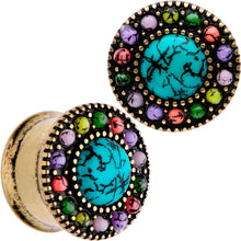 Load image into Gallery viewer, Gold Plated Southwestern Stone Age Double Flare Plug Set 2G to 22mm

