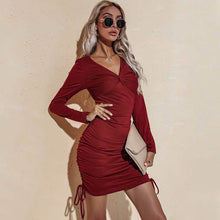 Load image into Gallery viewer, Long Sleeve Deep Sexy Long Sleeve Slim Elastic Bodycon Shirring Mini Dresses
