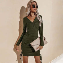 Load image into Gallery viewer, Long Sleeve Deep Sexy Long Sleeve Slim Elastic Bodycon Shirring Mini Dresses
