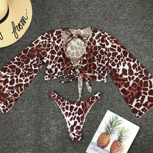 Load image into Gallery viewer, Long Sleeve Mesh Bikini Swimwear Women Three Pieces Leopard Swimsuit Female Summer  Bathing Suit Brazilian 3 Pieces Set Knot Front Off Shoulder Cover Up with Halter Bikini Sets Bathing Suit
