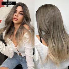 将图片加载到图库查看器，Long Womens Wigs with Bangs Ombre Brown Platinum Blonde Wigs Side Part Synthetic Wavy Wigs Women Cosplay Party Wigs For Black Women Cosplay Wigs For Women
