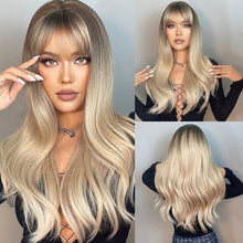 将图片加载到图库查看器，Long Womens Wigs with Bangs Ombre Brown Platinum Blonde Wigs Side Part Synthetic Wavy Wigs Women Cosplay Party Wigs For Black Women Cosplay Wigs For Women
