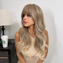 将图片加载到图库查看器，Long Womens Wigs with Bangs Ombre Brown Platinum Blonde Wigs Side Part Synthetic Wavy Wigs Women Cosplay Party Wigs For Black Women Cosplay Wigs For Women

