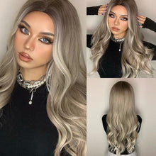 将图片加载到图库查看器，Long Womens Wigs with Bangs Ombre Brown Platinum Blonde Wigs Side Part Synthetic Wavy Wigs Women Cosplay Party Wigs For Black Women Cosplay Wigs For Women
