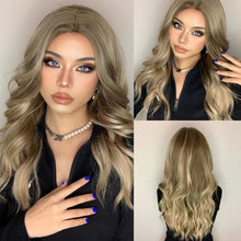 将图片加载到图库查看器，Long Womens Wigs with Bangs Ombre Brown Platinum Blonde Wigs Side Part Synthetic Wavy Wigs Women Cosplay Party Wigs For Black Women Cosplay Wigs For Women
