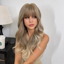 将图片加载到图库查看器，Long Womens Wigs with Bangs Ombre Brown Platinum Blonde Wigs Side Part Synthetic Wavy Wigs Women Cosplay Party Wigs For Black Women Cosplay Wigs For Women
