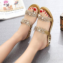 Load image into Gallery viewer, Luxury Black Shiny Women Summer Beach Sandals Fashion Women Rhinestone Outdoor Slippers Rhinestone Glitter Square Toe Ring Elastic Slingback Flat Casual Summer Beach Sandals
