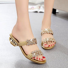 Load image into Gallery viewer, Luxury Black Shiny Women Summer Beach Sandals Fashion Women Rhinestone Outdoor Slippers Rhinestone Glitter Square Toe Ring Elastic Slingback Flat Casual Summer Beach Sandals
