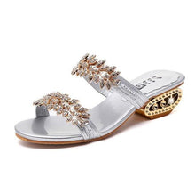 Load image into Gallery viewer, Luxury Black Shiny Women Summer Beach Sandals Fashion Women Rhinestone Outdoor Slippers Rhinestone Glitter Square Toe Ring Elastic Slingback Flat Casual Summer Beach Sandals
