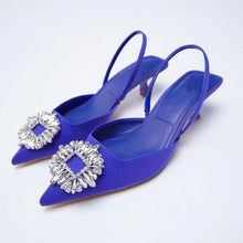 Load image into Gallery viewer, Luxury Black Straps Black Shoes For Women Shallow Summer Heels Beige Elastic Band Low Pointed Closed Flat Rhinestone Slip-on Shoes Flats Outdoor Walking Slippers
