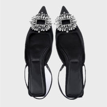 Load image into Gallery viewer, Luxury Black Straps Black Shoes For Women Shallow Summer Heels Beige Elastic Band Low Pointed Closed Flat Rhinestone Slip-on Shoes Flats Outdoor Walking Slippers
