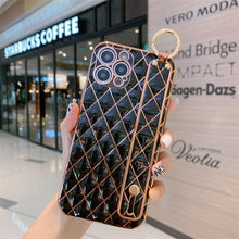 Load image into Gallery viewer, Luxury Blue Pink Gold Color Plating Soft Case Cell Phone Case For iPhone 11 12 13 Pro Max XS Max XR X 8 7 Plus Luxury Wrist Strap Plating Frame Geometric Soft Covers Bumper Iphone Case
