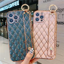 Load image into Gallery viewer, Luxury Blue Pink Gold Color Plating Soft Case Cell Phone Case For iPhone 11 12 13 Pro Max XS Max XR X 8 7 Plus Luxury Wrist Strap Plating Frame Geometric Soft Covers Bumper Iphone Case
