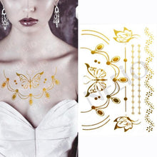 Load image into Gallery viewer, Luxury Flash Metallic Waterproof Temporary Tattoo Gold Silver Flower Tattoo Sticker Long Lasting Gold Design For Womens

