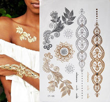Load image into Gallery viewer, Luxury Flash Metallic Waterproof Temporary Tattoo Gold Silver Flower Tattoo Sticker Long Lasting Gold Design For Womens
