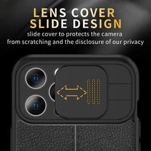 Load image into Gallery viewer, Luxury Leather Black Shockproof Phone Case on For iPhone 13 12 11 14 Pro Max XR X XSMax 14 Case Camera Lens Protection Soft Back Cover Thin Shockproof Case with Slide Camera Case for iPhone
