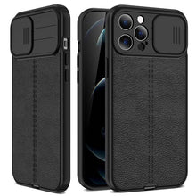 Load image into Gallery viewer, Luxury Leather Black Shockproof Phone Case on For iPhone 13 12 11 14 Pro Max XR X XSMax 14 Case Camera Lens Protection Soft Back Cover Thin Shockproof Case with Slide Camera Case for iPhone
