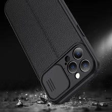 Load image into Gallery viewer, Luxury Leather Black Shockproof Phone Case on For iPhone 13 12 11 14 Pro Max XR X XSMax 14 Case Camera Lens Protection Soft Back Cover Thin Shockproof Case with Slide Camera Case for iPhone
