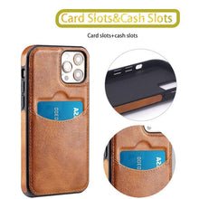 将图片加载到图库查看器，Luxury Leather Card Retro Case for iPhone 14 13 12 Mini 11 Pro Max X XR XS Slim Soft Cover for 14 Max Built-in Metal Plate for Magnetic Mounting &amp; Card Holder Phone Case
