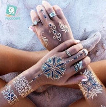 将图片加载到图库查看器，Luxury Metallic Temporary Tattoo Gold Silver Flower Sticker Long Lasting Gold Design For Womens
