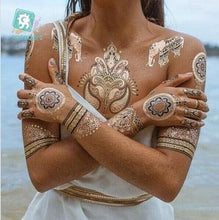 将图片加载到图库查看器，Luxury Metallic Temporary Tattoo Gold Silver Flower Sticker Long Lasting Gold Design For Womens
