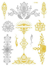将图片加载到图库查看器，Luxury Metallic Temporary Tattoo Gold Silver Flower Sticker Long Lasting Gold Design For Womens
