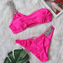 Load image into Gallery viewer, Luxury Purple Halter Crystal Diamond Bikini Female Swimsuit Women Swimwear Rhinestone Bikini Set Bathing Suit Women's Swimwear Rhinestone Halter Low Waist Tie Side Bikini Set 2 Pieces Crystal Diamond Swimsuit
