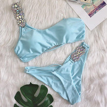 Load image into Gallery viewer, Luxury Purple Halter Crystal Diamond Bikini Female Swimsuit Women Swimwear Rhinestone Bikini Set Bathing Suit Women's Swimwear Rhinestone Halter Low Waist Tie Side Bikini Set 2 Pieces Crystal Diamond Swimsuit
