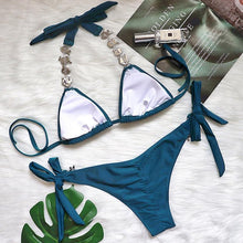 Load image into Gallery viewer, Luxury Purple Halter Crystal Diamond Bikini Female Swimsuit Women Swimwear Rhinestone Bikini Set Bathing Suit Women's Swimwear Rhinestone Halter Low Waist Tie Side Bikini Set 2 Pieces Crystal Diamond Swimsuit
