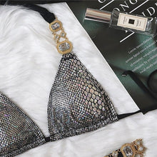 Load image into Gallery viewer, Luxury Purple Halter Crystal Diamond Bikini Female Swimsuit Women Swimwear Rhinestone Bikini Set Bathing Suit Women's Swimwear Rhinestone Halter Low Waist Tie Side Bikini Set 2 Pieces Crystal Diamond Swimsuit
