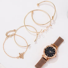 将图片加载到图库查看器，Luxury Rose Gold Starry Sky Dial Watches Women Crystal Bracelet Quartz Wrist Watch 5 PCS Set Women Ladies Watches Starry Sky Magnet Buckle Dial Diamond Cutting Mesh Straps Bracelet Wristwatch
