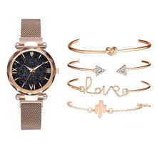 将图片加载到图库查看器，Luxury Rose Gold Starry Sky Dial Watches Women Crystal Bracelet Quartz Wrist Watch 5 PCS Set Women Ladies Watches Starry Sky Magnet Buckle Dial Diamond Cutting Mesh Straps Bracelet Wristwatch

