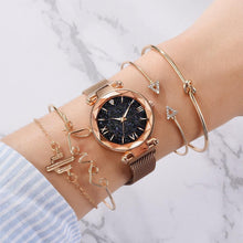 将图片加载到图库查看器，Luxury Rose Gold Starry Sky Dial Watches Women Crystal Bracelet Quartz Wrist Watch 5 PCS Set Women Ladies Watches Starry Sky Magnet Buckle Dial Diamond Cutting Mesh Straps Bracelet Wristwatch
