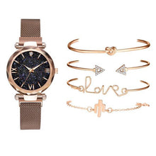 将图片加载到图库查看器，Luxury Rose Gold Starry Sky Dial Watches Women Crystal Bracelet Quartz Wrist Watch 5 PCS Set Women Ladies Watches Starry Sky Magnet Buckle Dial Diamond Cutting Mesh Straps Bracelet Wristwatch
