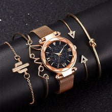 将图片加载到图库查看器，Luxury Rose Gold Starry Sky Dial Watches Women Crystal Bracelet Quartz Wrist Watch 5 PCS Set Women Ladies Watches Starry Sky Magnet Buckle Dial Diamond Cutting Mesh Straps Bracelet Wristwatch
